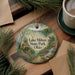 A round ornament with a scenic landscape of Lake Milton State Park, Ohio, featuring a watermill, pine trees, and a bird.