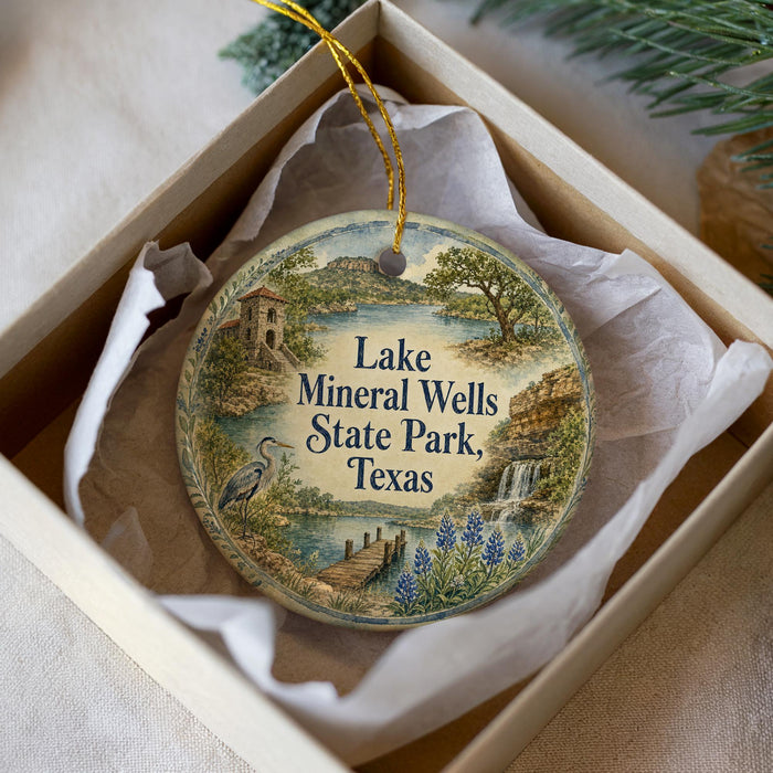 A decorative ornament in a box, featuring a scenic landscape with a lake, mountains, and a bird.