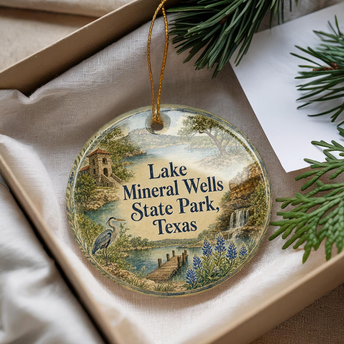 A decorative ornament with a scenic landscape of Lake Mineral Wells State Park, Texas, featuring a bird, a lake, and a waterfall.