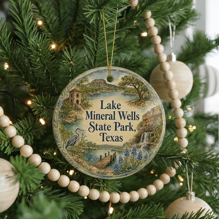 A round ornament hanging on a Christmas tree, featuring a scenic landscape with a lake, trees, and a bird.