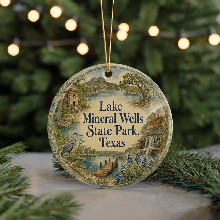 A round ornament with a scenic landscape of Lake Mineral Wells State Park, Texas, featuring a bird, a bridge, and a waterfall.