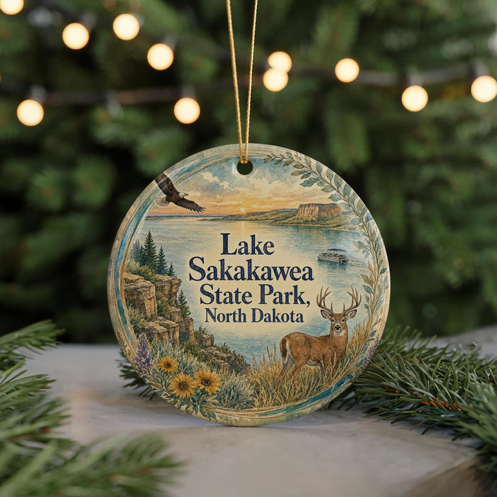 A round ornament with a scenic image of Lake Sakakawea State Park, North Dakota, featuring a deer, a bird, and a sunset landscape.