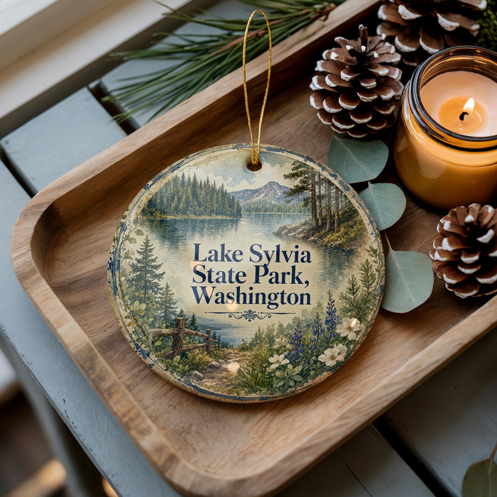 A wooden tray with a decorative ornament featuring a scenic landscape of Lake Sylvia State Park, Washington, surrounded by pine cones and a lit candle.