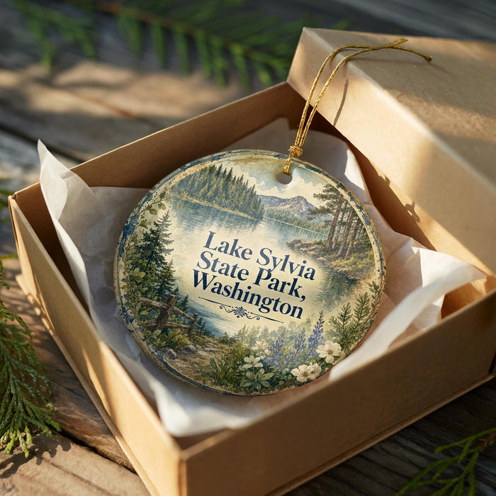 A round ornament in a wooden box, featuring a scenic landscape with a lake, mountains, and trees.