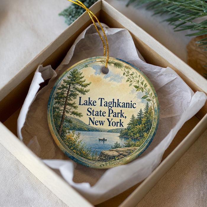 A round ornament with a scenic lake and forest landscape, featuring the text "Lake Taghkanic State Park, New York".