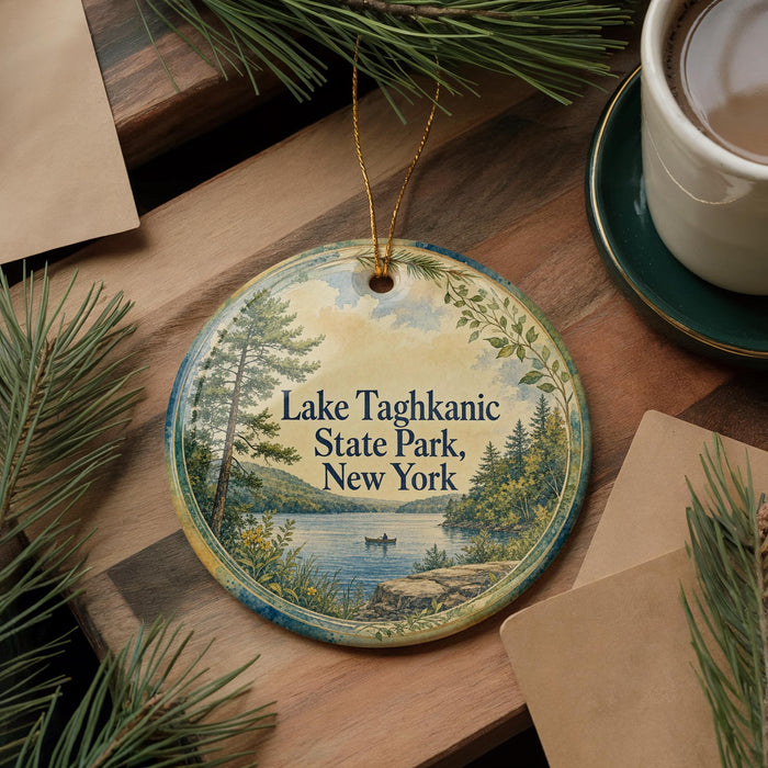 A round ornament with a scenic lake and forest landscape, featuring the text "Lake Taghkanic State Park, New York".
