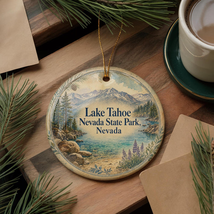 A decorative ornament featuring Lake Tahoe, Nevada State Park, Nevada, with a scenic landscape and mountains in the background.