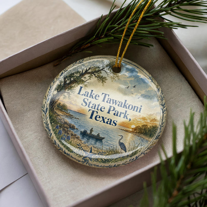 A decorative ornament with a lake and trees, featuring the text "Lake Tawakoni State Park, Texas" on it.
