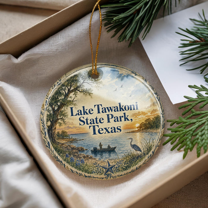 A decorative ornament with a scenic image of Lake Tawakoni State Park, Texas, featuring a boat on the water and a bird in the foreground.