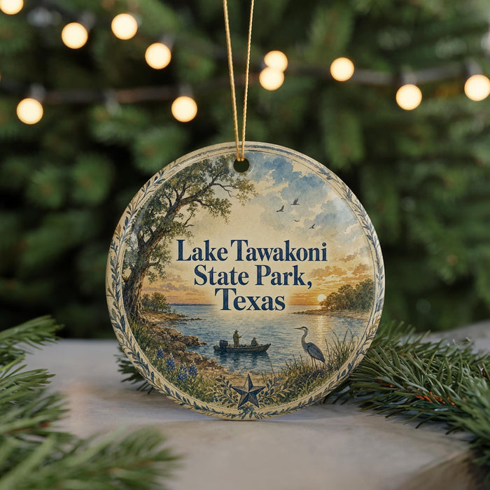 A circular ornament with a painting of Lake Tawakoni State Park in Texas, featuring a boat on the water and a bird in the foreground.