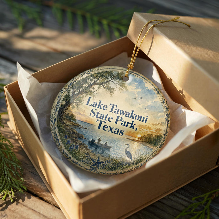 A round ornament in a box, featuring a scenic landscape with a lake, trees, and birds, along with the text "Lake Tawakoni State Park, Texas".