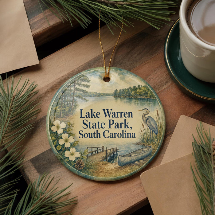A decorative ornament with a lake and park scene, featuring a bird, a canoe, and pine trees, is displayed on a wooden surface alongside a cup of coffee and some papers.