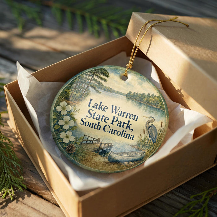 A decorative ornament in a brown box, featuring a scenic image of Lake Warren State Park in South Carolina.