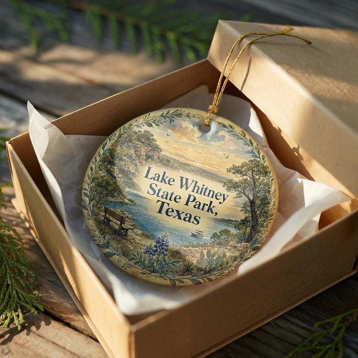 A decorative ornament in a wooden box, featuring a scenic landscape with a lake, trees, and a bench.