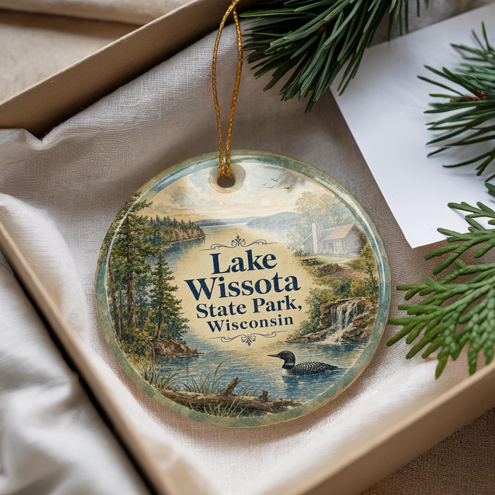 A decorative ornament with a lake and forest scene, featuring a bird and a waterfall, is displayed in a box with pine branches.