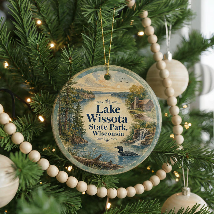 A round ornament hanging on a Christmas tree, featuring a scenic landscape with a lake, trees, and a waterfall.