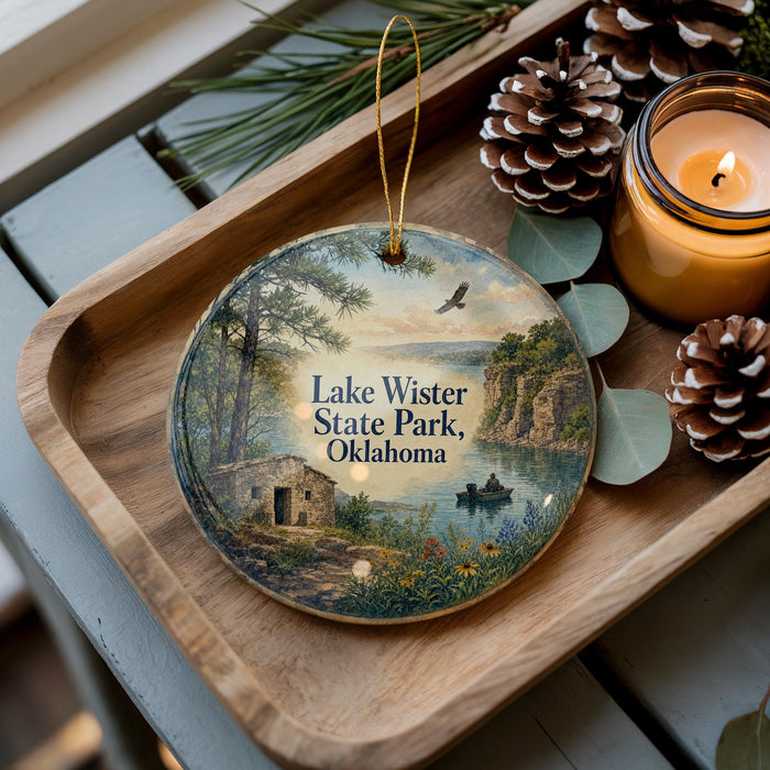 A wooden tray displaying a decorative ornament with a scenic landscape of Lake Wister State Park, Oklahoma, featuring a small cabin, a lake, and pine cones.
