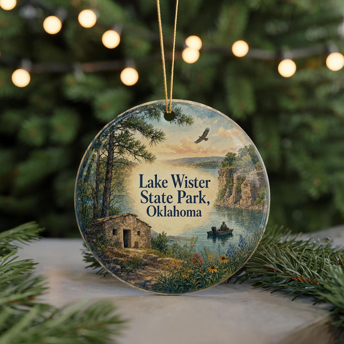 A round ornament featuring a scenic landscape of Lake Wister State Park, Oklahoma, with a small cabin, a boat on the lake, and a bird flying overhead.