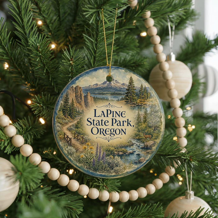 A round ornament hanging on a Christmas tree, featuring a scenic landscape with mountains, trees, and a river.