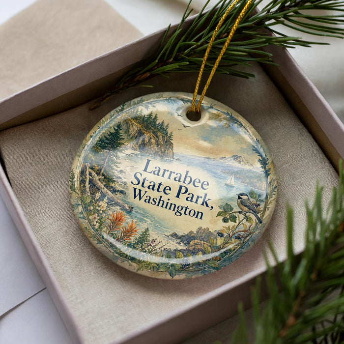 A decorative ornament in a box, featuring a scenic landscape with pine trees, mountains, and a bird perched on a branch.