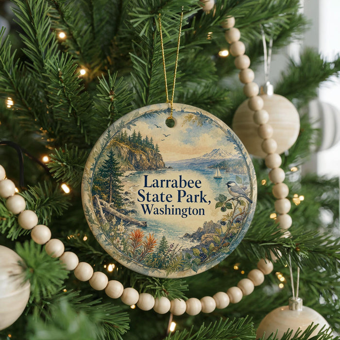A round ornament hanging on a Christmas tree, featuring a scenic landscape with mountains, trees, and a body of water.