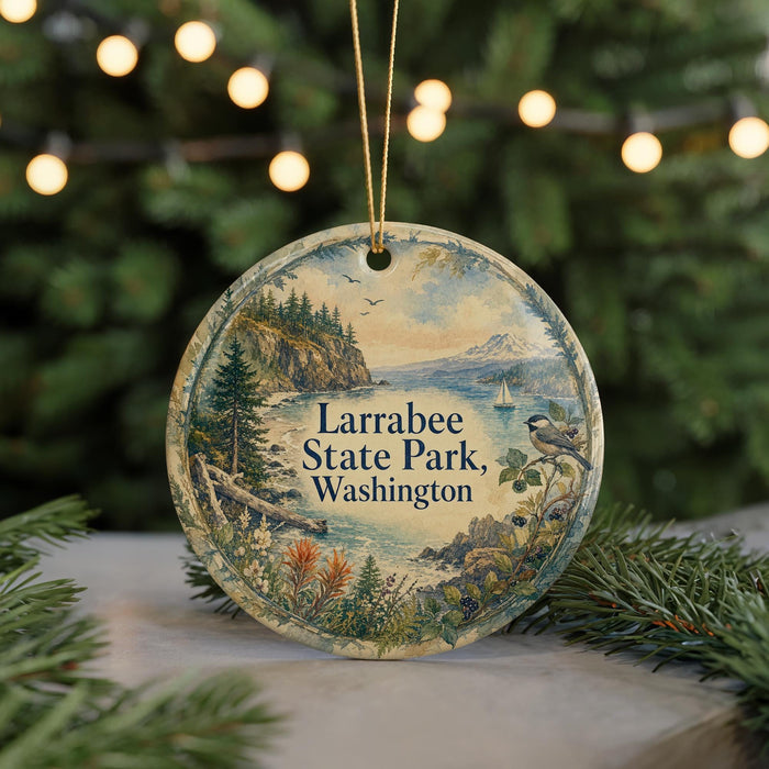 A round ornament with a scenic landscape of Larabee State Park, Washington, featuring a bird, pine trees, and a body of water.