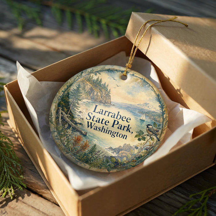 A decorative ornament in a box, featuring a scenic landscape with a lake, mountains, and trees.