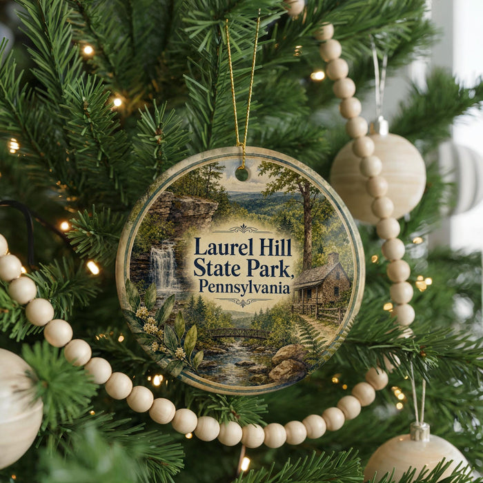 A round ornament on a Christmas tree, featuring a scenic image of Laurel Hill State Park in Pennsylvania.