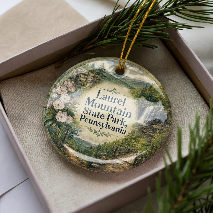 A decorative ornament in a box, featuring a scenic landscape with mountains, trees, and a waterfall.