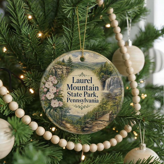 A round ornament hanging on a Christmas tree, featuring a scenic image of Laurel Mountain State Park in Pennsylvania.
