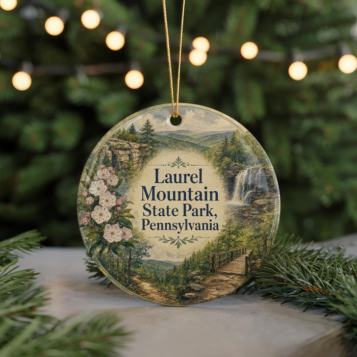 A round ornament with a scenic image of Laurel Mountain State Park, Pennsylvania, featuring a waterfall and a path surrounded by pine trees.