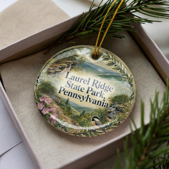 A decorative ornament in a box, featuring a scenic landscape of Laurel Ridge State Park in Pennsylvania.