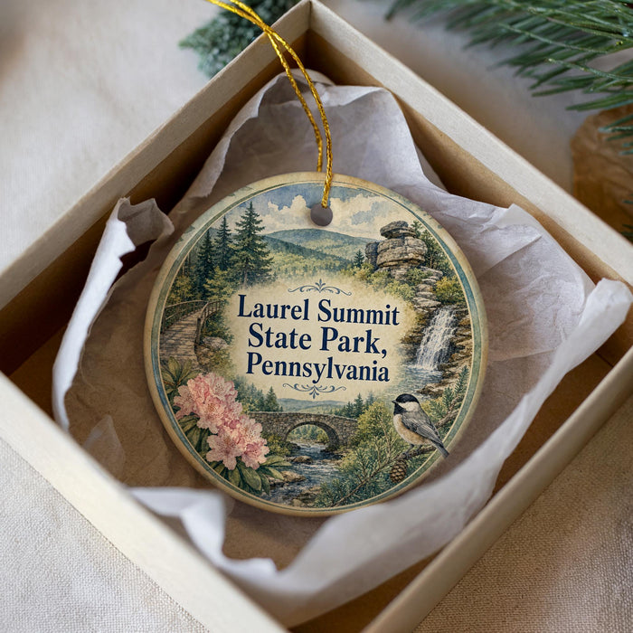 A round ornament with a scenic illustration of Laurel Summit State Park, Pennsylvania, featuring a bird, a waterfall, and a path.
