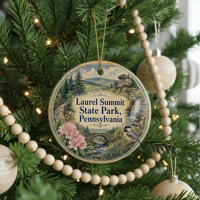 A round ornament hanging on a Christmas tree, featuring a scenic image of Laurel Summit State Park, Pennsylvania.