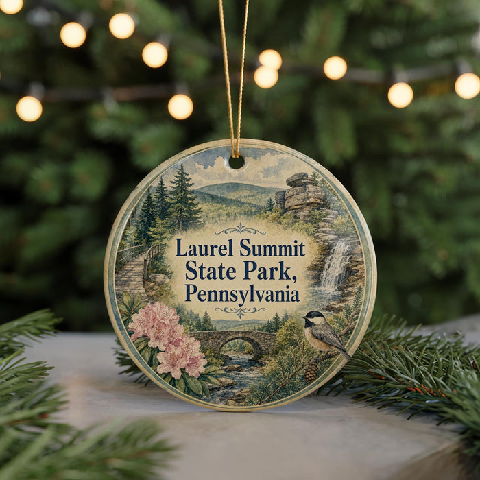 A round ornament with a scenic image of Laurel Summit State Park, Pennsylvania, featuring a bird, flowers, and a waterfall.