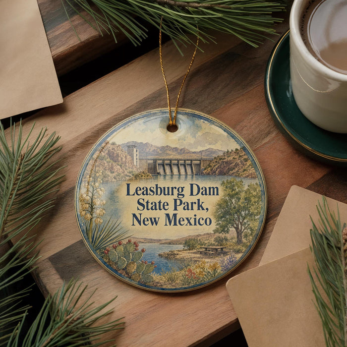 A round ornament with a scenic image of Leasburg Dam, a bridge, and a lake in New Mexico, surrounded by pine branches and a cup of coffee.