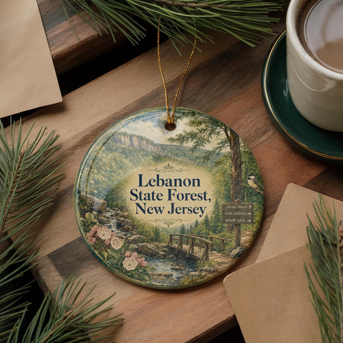 A round ornament with a scenic forest landscape and a bird perched on a branch, placed on a wooden surface alongside a cup of coffee and some pine branches.
