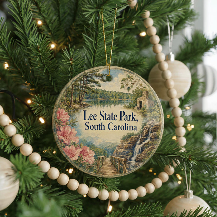 A round ornament hanging on a Christmas tree, featuring a scenic landscape with a lake, trees, and a waterfall.