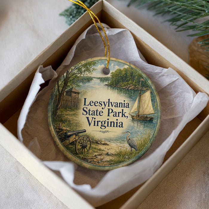 A round ornament with a painting of a serene landscape, including a river, a sailboat, and a bird, is displayed in a box.