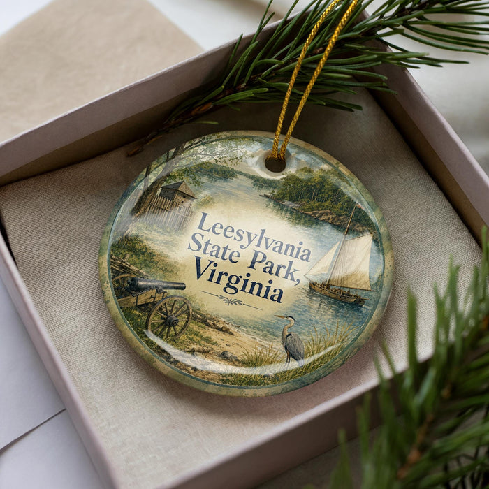 A decorative ornament with a scenic image of a lake, boats, and a bird, along with the text "LESS THAN 500 CHARACTERS" printed on it.