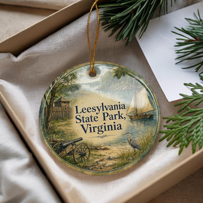 A round ornament with a scenic image of Leesville State Park, Virginia, featuring a boat, a cabin, and a bird.