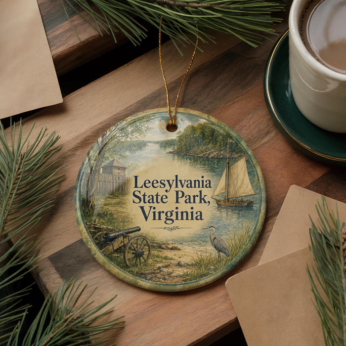 A round ornament with a painting of a sailboat and a bird, surrounded by pine branches and a cup of coffee on a wooden surface.