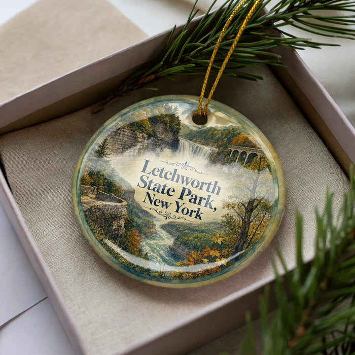 A decorative ornament featuring a scenic landscape with a waterfall, trees, and a bridge, placed inside a box with a pine branch.