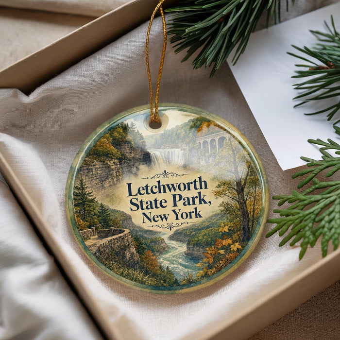 A decorative ornament with a scenic landscape of Litchworth State Park, New York, featuring a waterfall and forest.