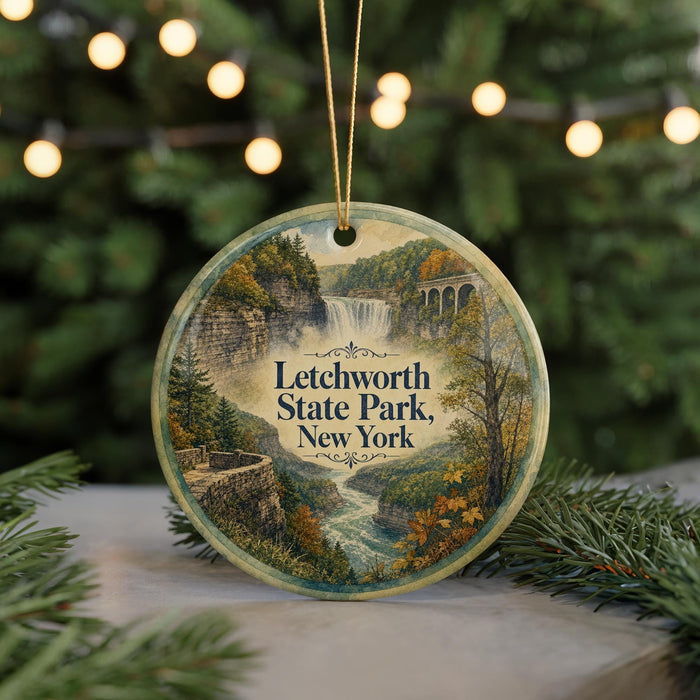 A round ornament with a scenic image of Litchworth State Park in New York, featuring a waterfall and forest.