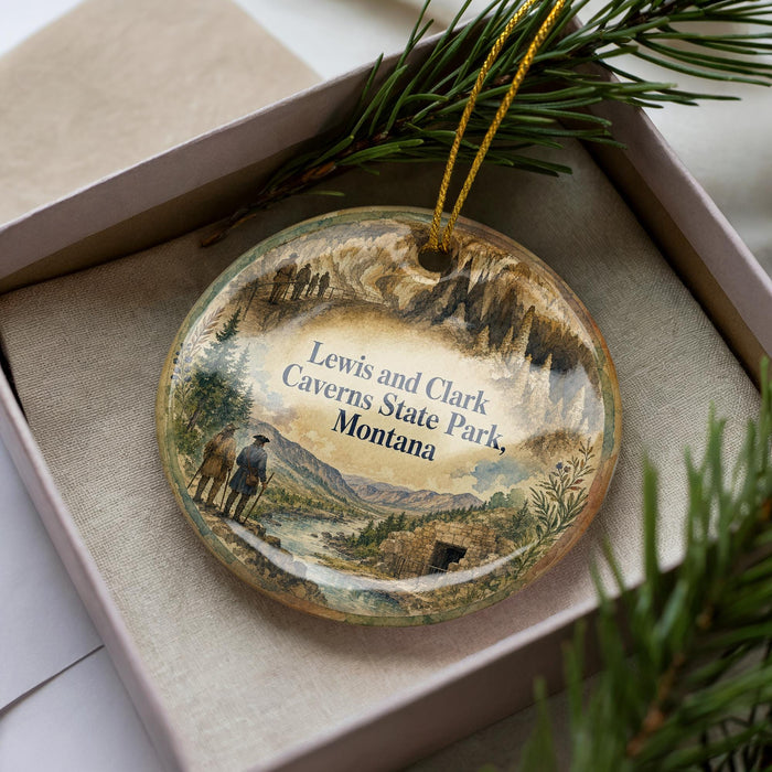 A decorative ornament in a box, featuring a scenic landscape with mountains, pine trees, and a person walking along a trail.