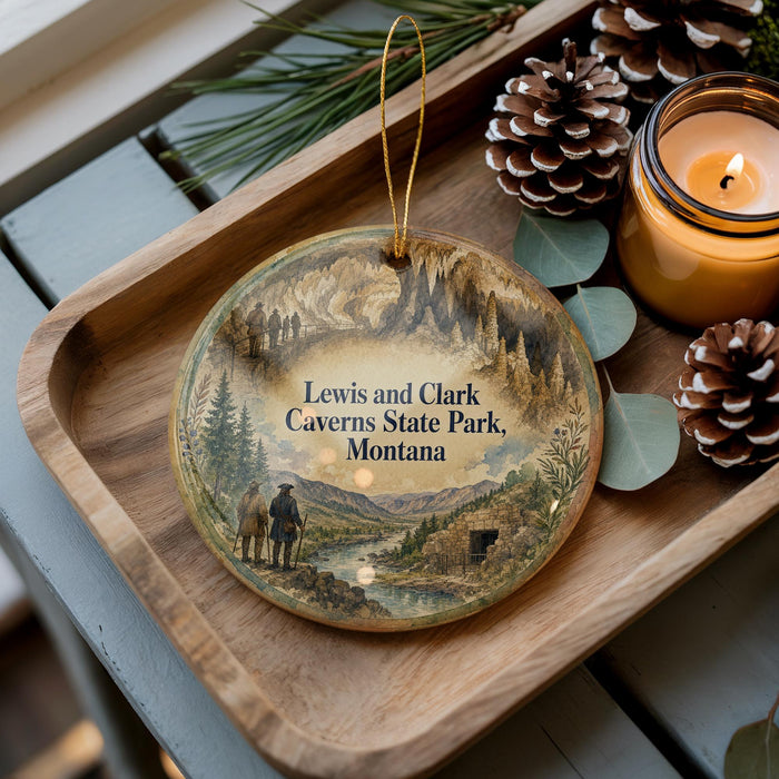 A wooden tray with a decorative ornament featuring a scenic landscape of Lewis and Clark's exploration of the Caves of State Park in Montana.