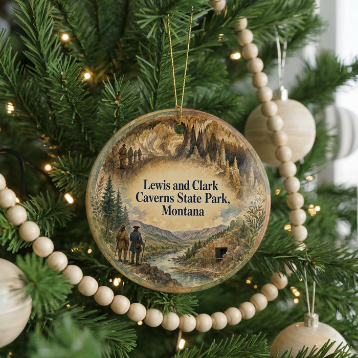 A Christmas ornament hanging on a tree, featuring a scenic landscape with mountains and a river.