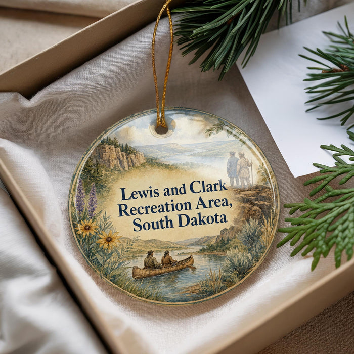 A round ornament with a scenic landscape featuring a river, mountains, and people in a canoe, hanging from a string.