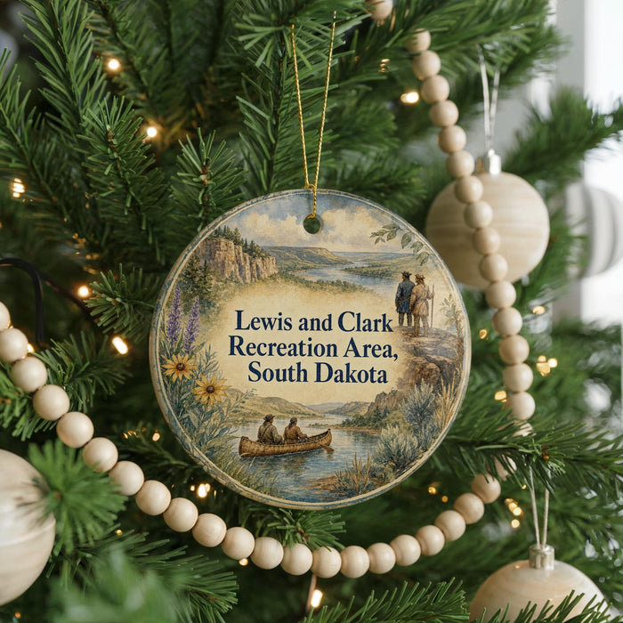 A round ornament hanging on a Christmas tree, featuring a scenic landscape with a river, mountains, and people in traditional clothing.